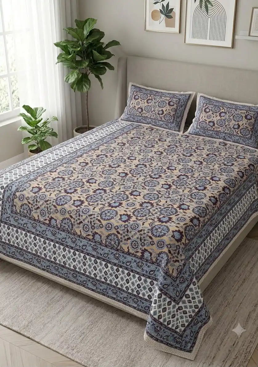 Geometric and floral mixed block print styling on a premium white 9x9 ft cotton bedsheet by ASC Fashion Store.