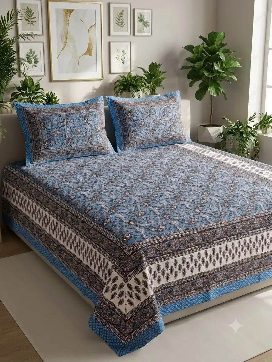 Soft summer-friendly pure cotton 9x9 ft king size bedsheet with fine block printed leaf patterns by ASC Fashion Store.