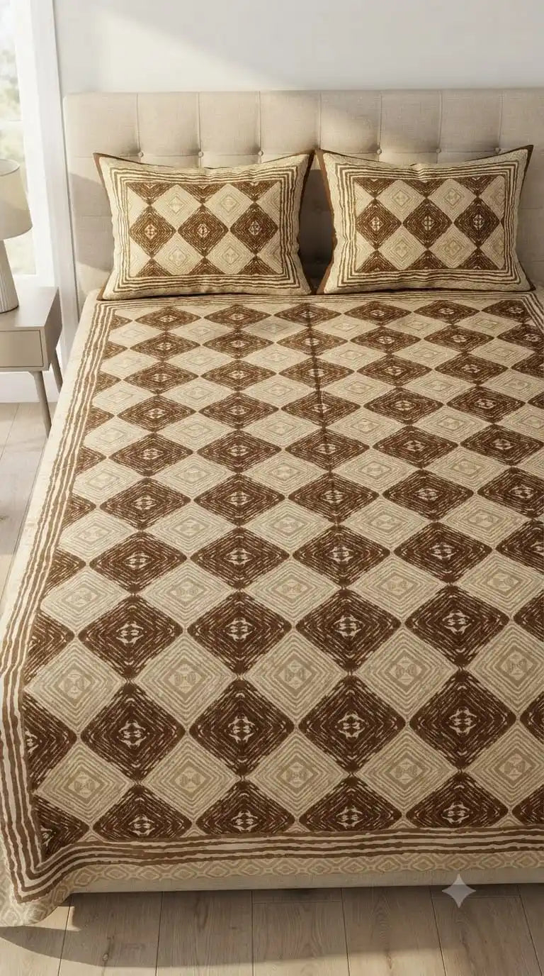 Elegant Jaipuri floral king size bedsheet set displayed on a cozy bed with matching pillows.