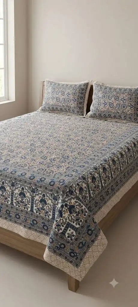 Premium quality 9x9 feet cotton bedsheet set featuring authentic Rajasthani Jaipuri print design by ASC Fashion Store.