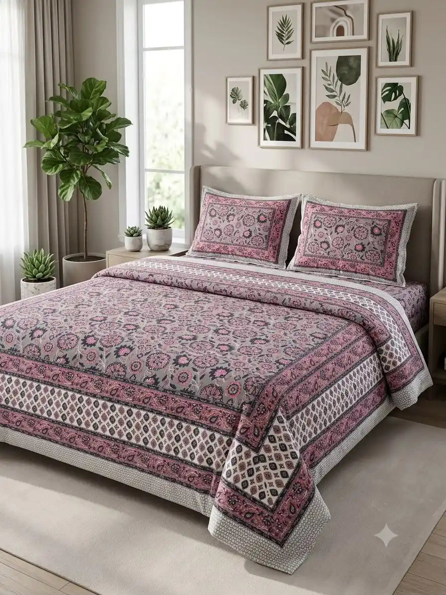 Jaipuri cotton bedsheet 9x9 ft elegantly displayed on a bed with matching pillows and stylish decor.