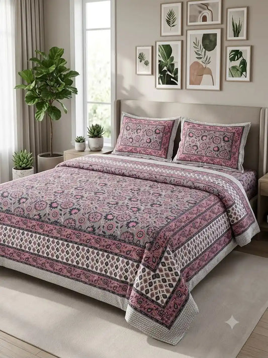 Jaipuri cotton bedsheet 9x9 ft elegantly displayed on a bed with matching pillows and stylish decor.