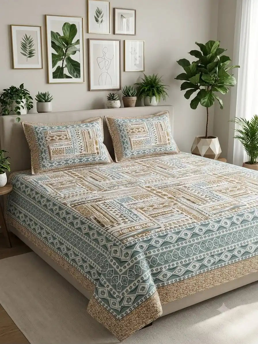 Close-up of ethnic hand block printed 9x9 ft cotton fabric texture on a premium Jaipuri bedsheet by ASC Fashion Store.