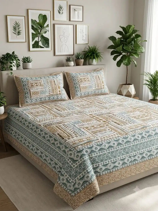 Premium 9x9 ft block print bedding set displayed on a bed with decorative plants and artwork.