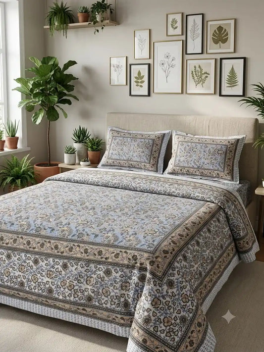 Traditional 9x9 ft cotton bedsheet featuring hand block patterns in a stylish bedroom setting.