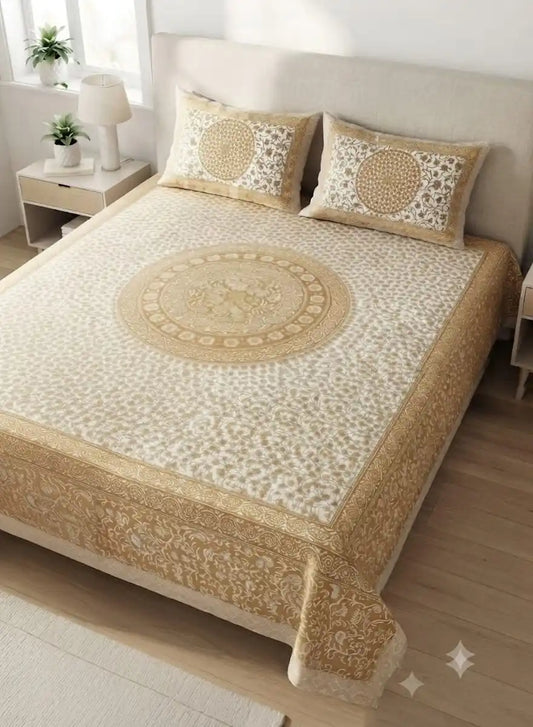 Floral cotton 9x9 ft bedsheet displayed on a bed with decorative pillows at ASC Fashion Store.