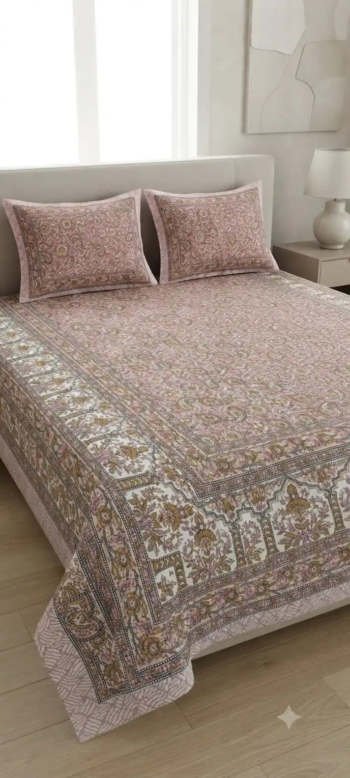 Top view of a neatly spread 9x9 ft floral block print super king bedsheet with matching pillows by ASC Fashion Store.