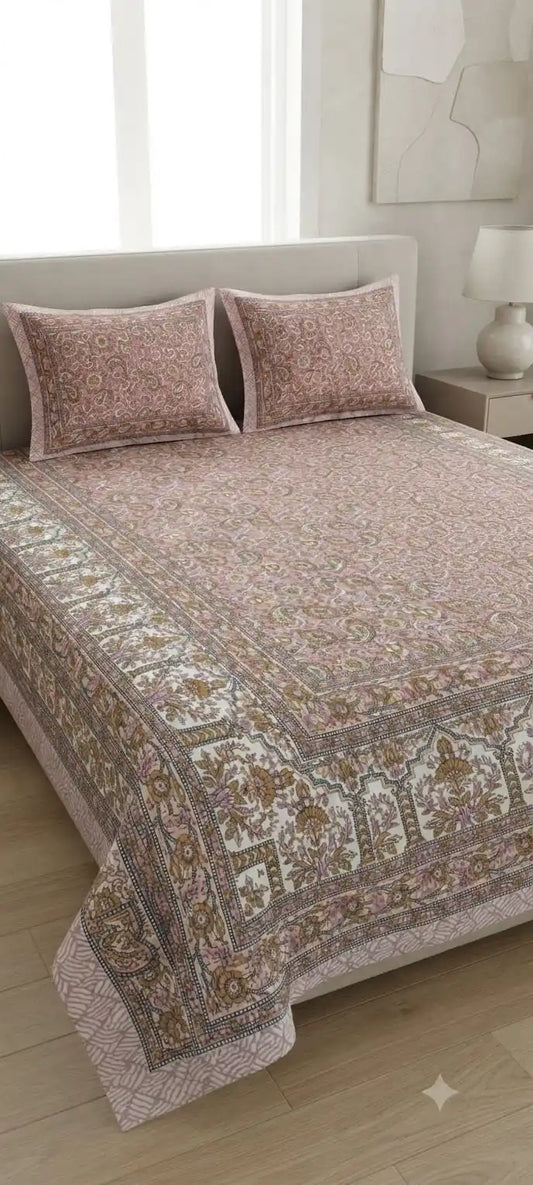 Traditional cotton bedsheet 9x9 ft with handblock print design in a stylish bedroom setting.