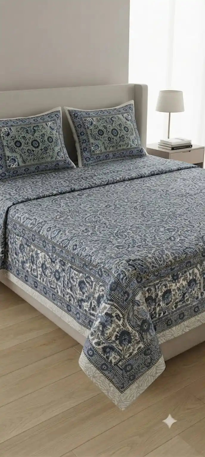 High thread count Jaipuri cotton 9x9 ft bedsheet with intricate ethnic motifs and borders from ASC Fashion Store.