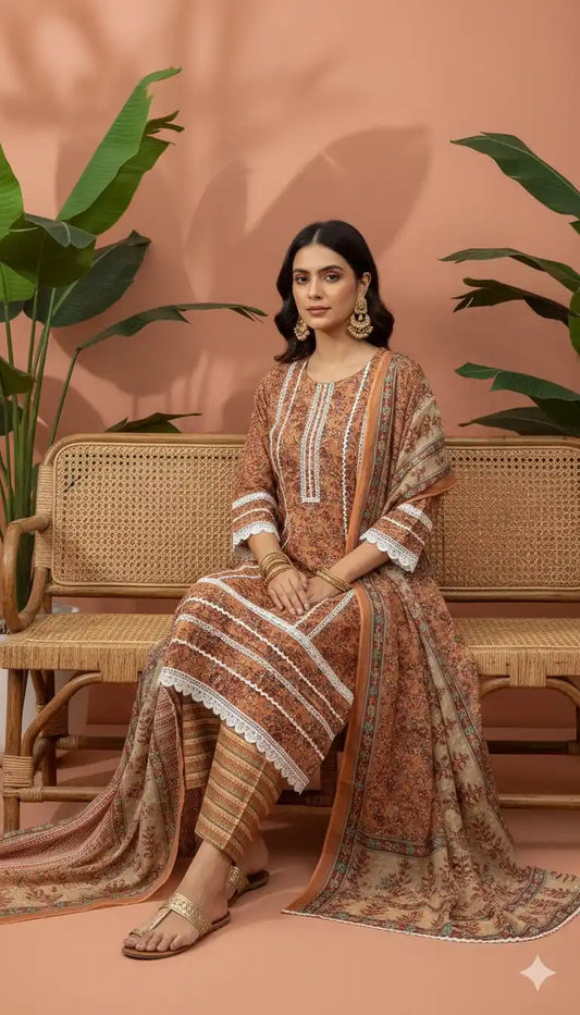 Karachi Pattern Cotton Premium Readymade Suit, Cotton Pant, Mal Dupatta