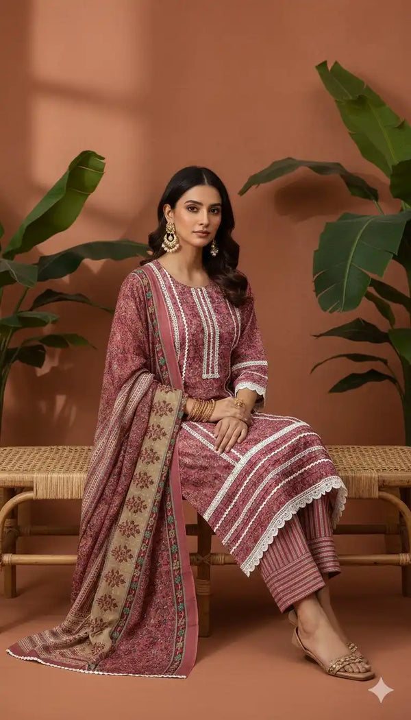 Karachi Pattern Cotton Premium Readymade Suit, Cotton Pant, Mal Dupatta