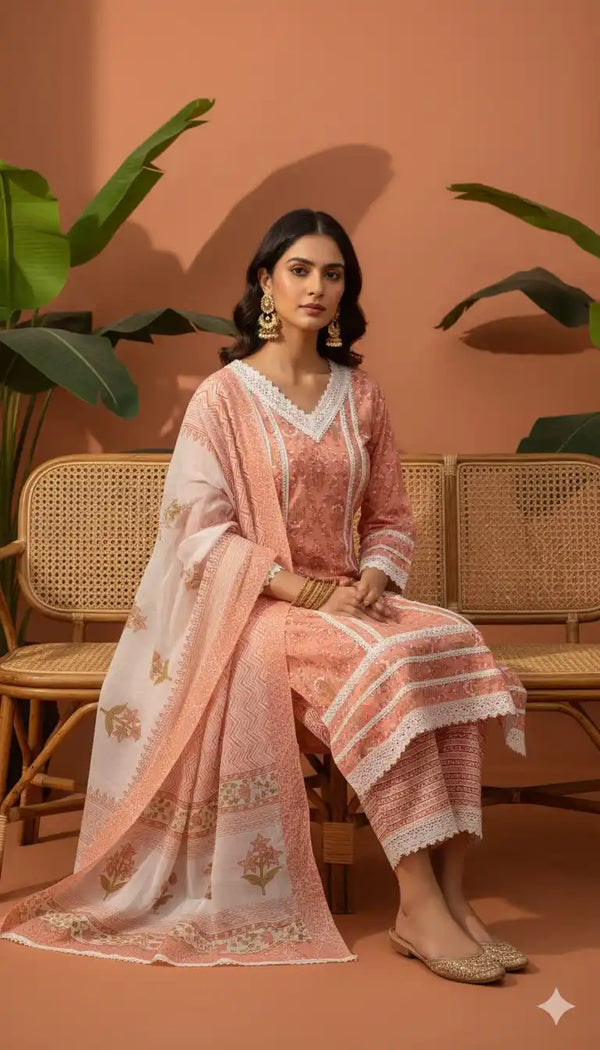 Karachi Pattern Cotton Premium Readymade Suit, Cotton Pant, Mal Dupatta