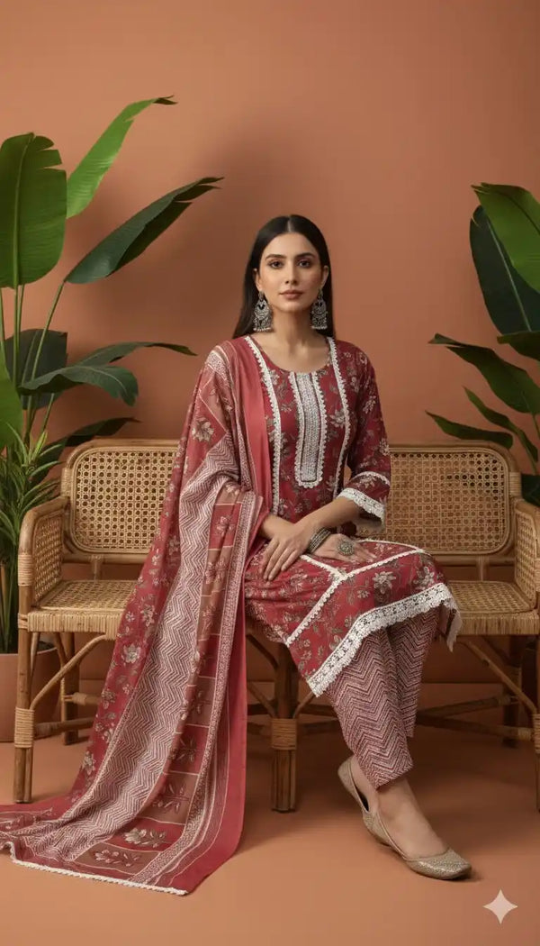 Karachi Pattern Cotton Premium Readymade Suit, Cotton Pant, Mal Dupatta
