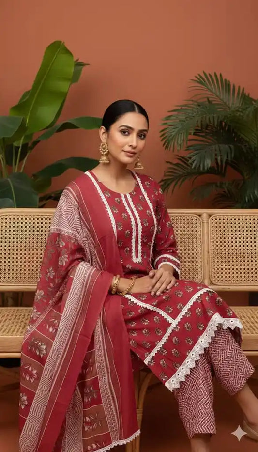 Karachi Pattern Cotton Premium Readymade Suit, Cotton Pant, Mal Dupatta