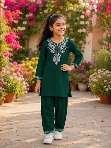 Girls Lucknowi Embroidery Kurti Set by ASC - Olive Green