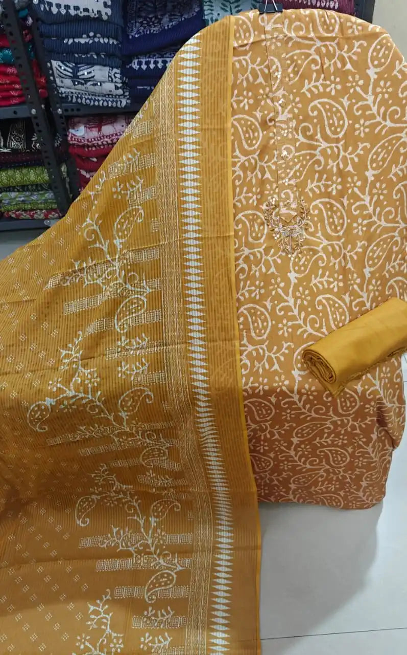 Mustard golden brown traditional paisley print jam satin suit set.