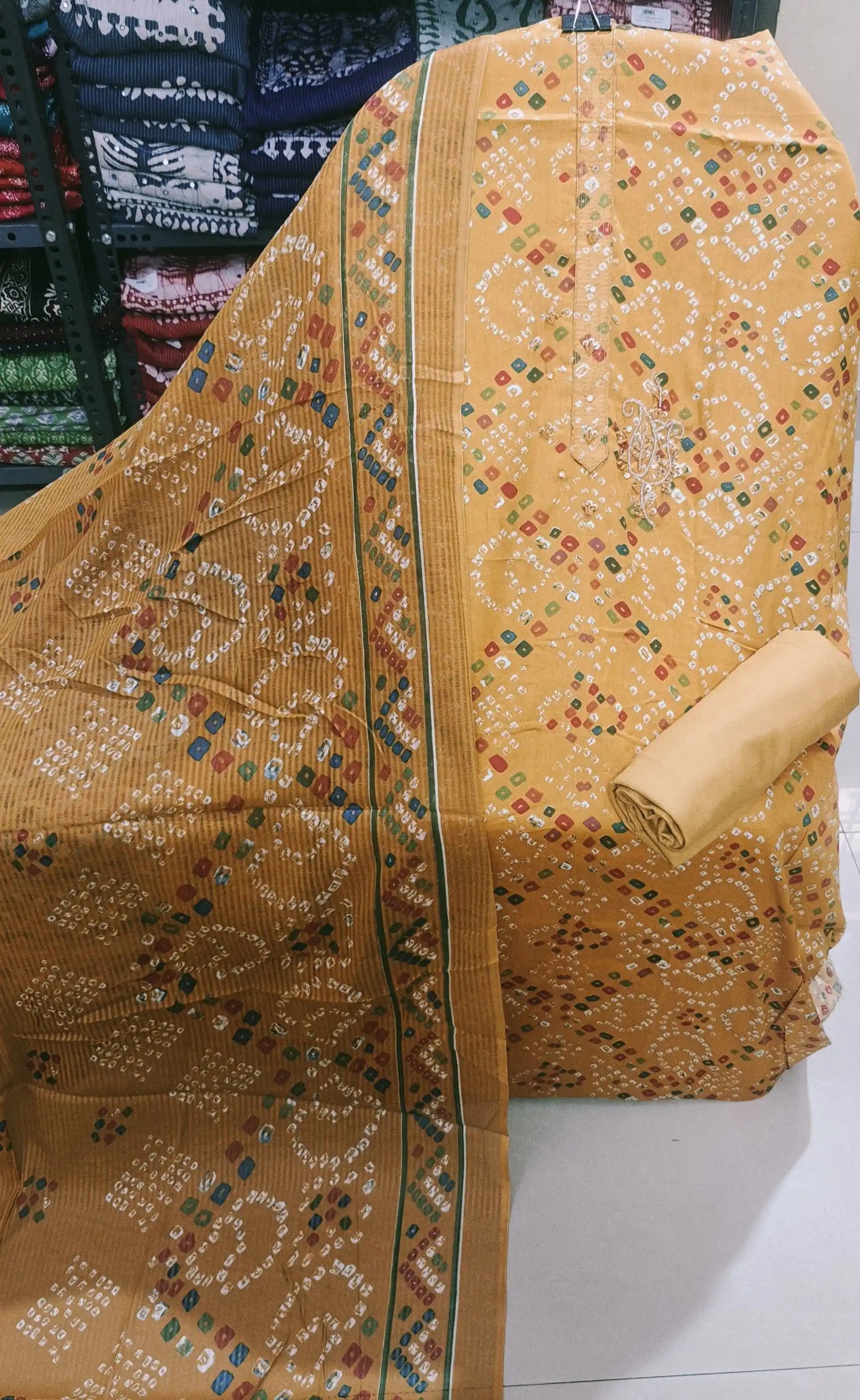 Golden brown traditional printed jam satin suit set for all occasions.