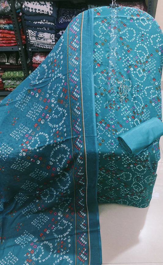 Teal blue traditional suit with printed cotton floral dupatta and plain bottom by ASC Fashion Store.