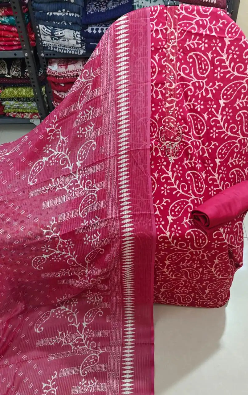 Magenta pink batik style traditional printed jam satin salwar suit.