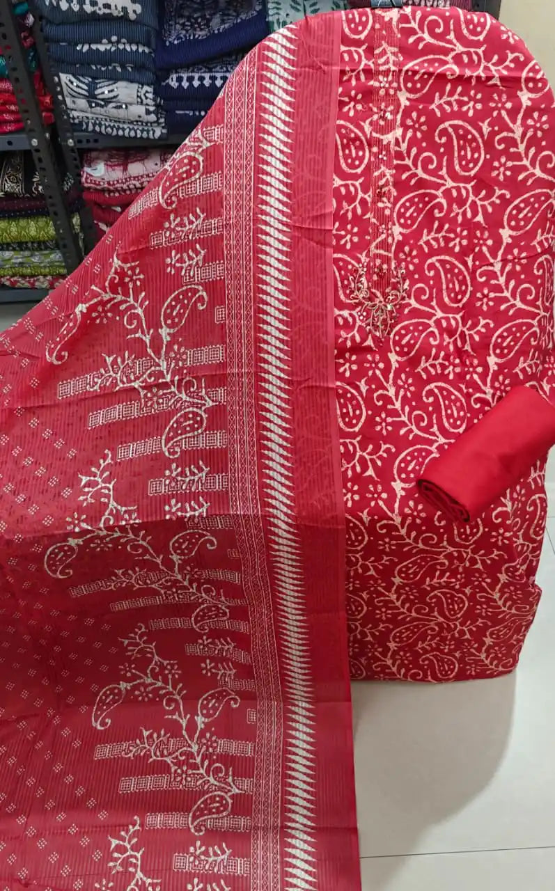 Deep red paisley printed traditional jam satin unstitched suit material.