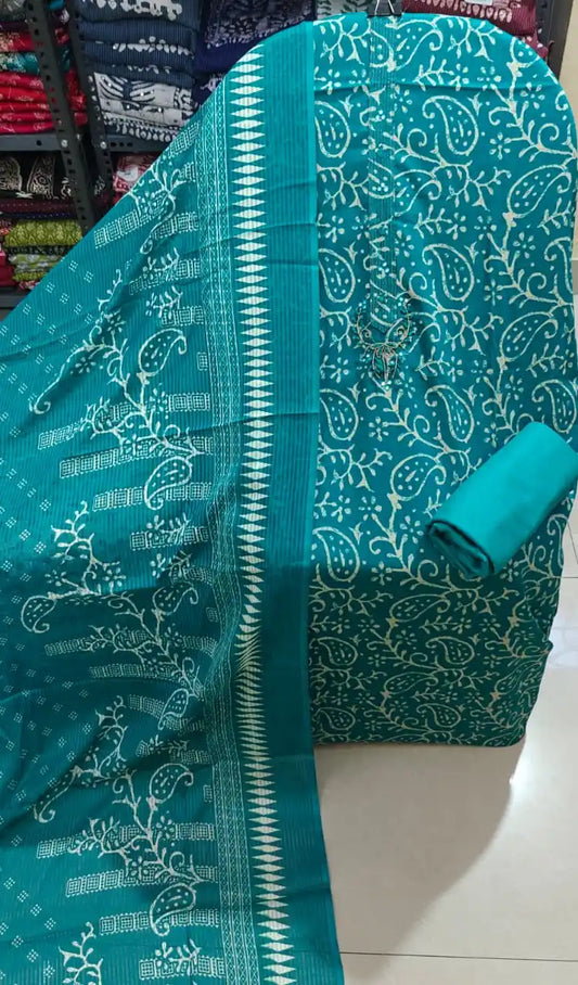 turquoise blue traditional suit featuring a floral printed dupatta and coordinating solid bottom fabric.