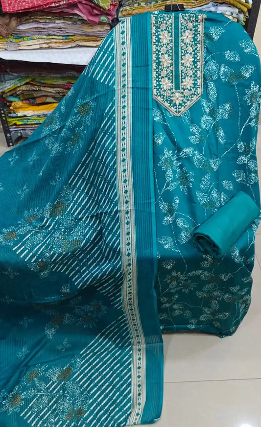 Teal Blue Rayon Unstitched Salwar Suit with Heavy Embroidered Neck & Cotton Dupatta