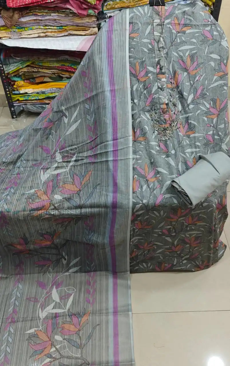 Charcoal Grey Rayon Floral Print Unstitched Suit with Heavy Embroidered Neck & Cotton Dupatta