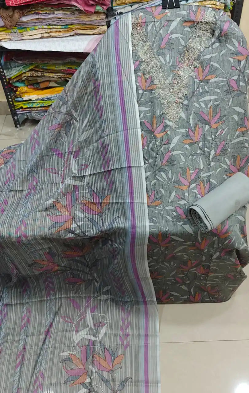 Muted Grey Printed Dress Material with Premium Yoke Embroidery and Matching Dupatta