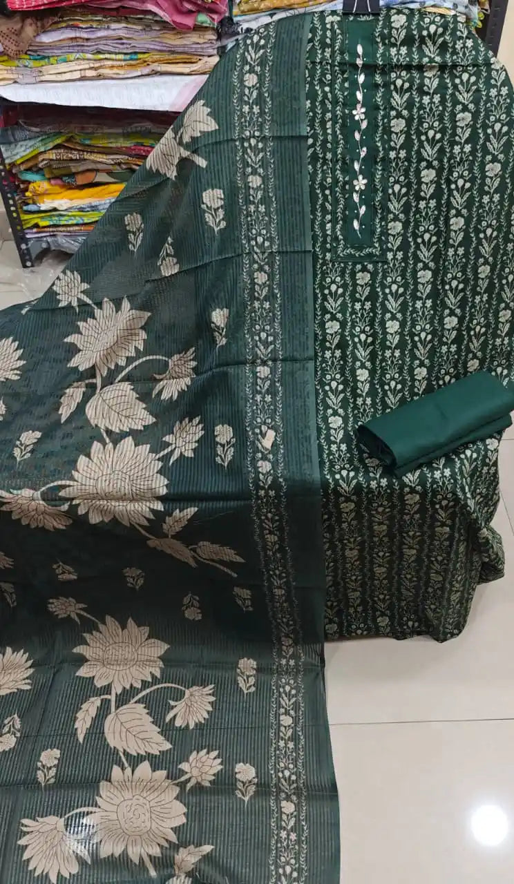 Emerald Green Stripe-Floral Print Dress Material with Elegant Embroidered Patti & Dupatta