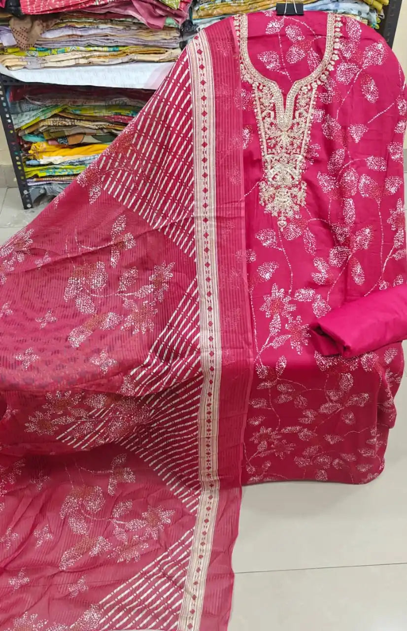Hot Pink Abstract Floral Dress Material with Detailed Traditional Gota-Embroidery Neck