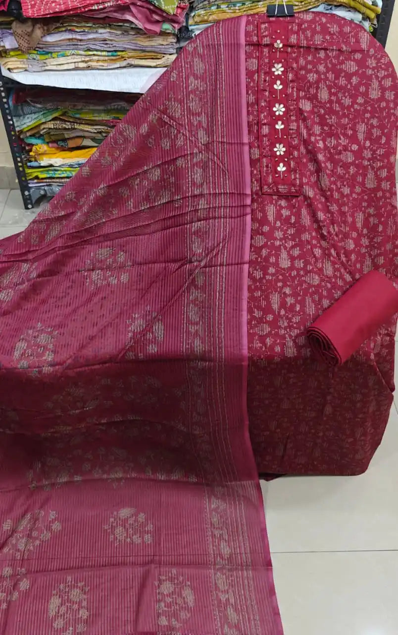 Wine Red Cotton Unstitched Salwar Suit with Gota Patti Patterned Neck & Striped Dupatta