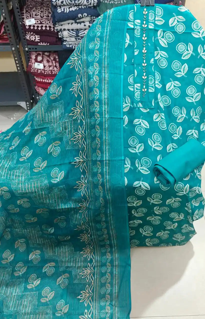 Dark Turquoise Jaipuri Cotton Dress Material with Elegant Threadwork Yoke & Matching Dupatta
