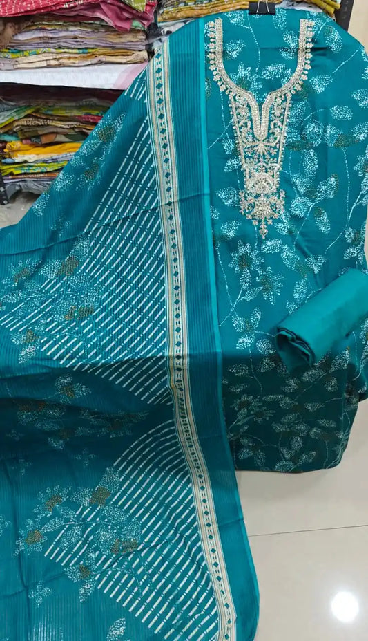 Teal Floral Rayon Suit with Intricate U-Neck Embroidery and Printed Cotton Dupatta