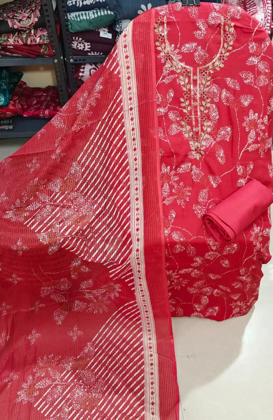 Blood Red Printed Rayon Unstitched Suit Material with Heavy Yoke Embroidery & Cotton Dupatta