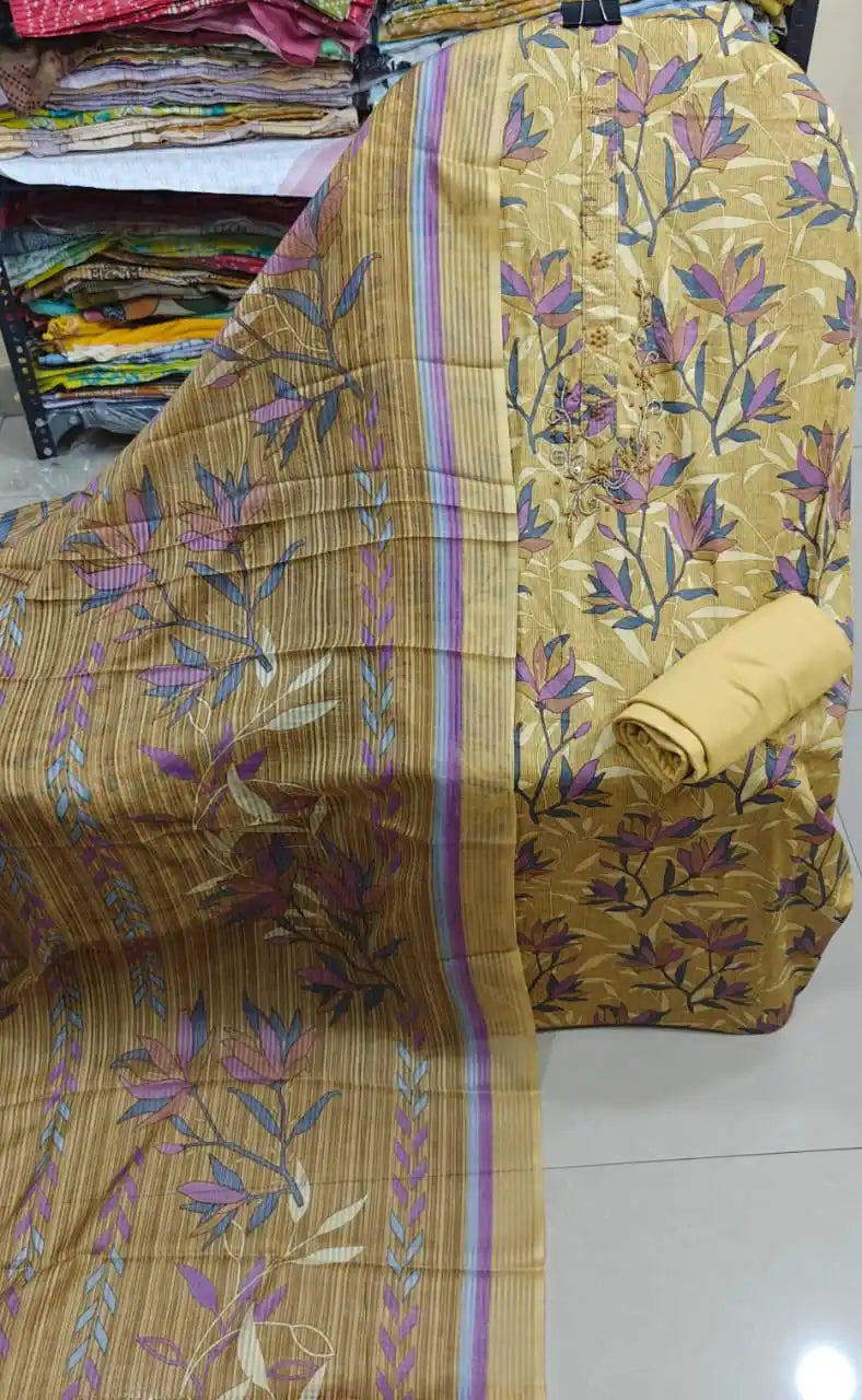 Mustard Yellow Rayon Floral Print Unstitched Suit with Heavy Neck Embroidery & Cotton Dupatta
