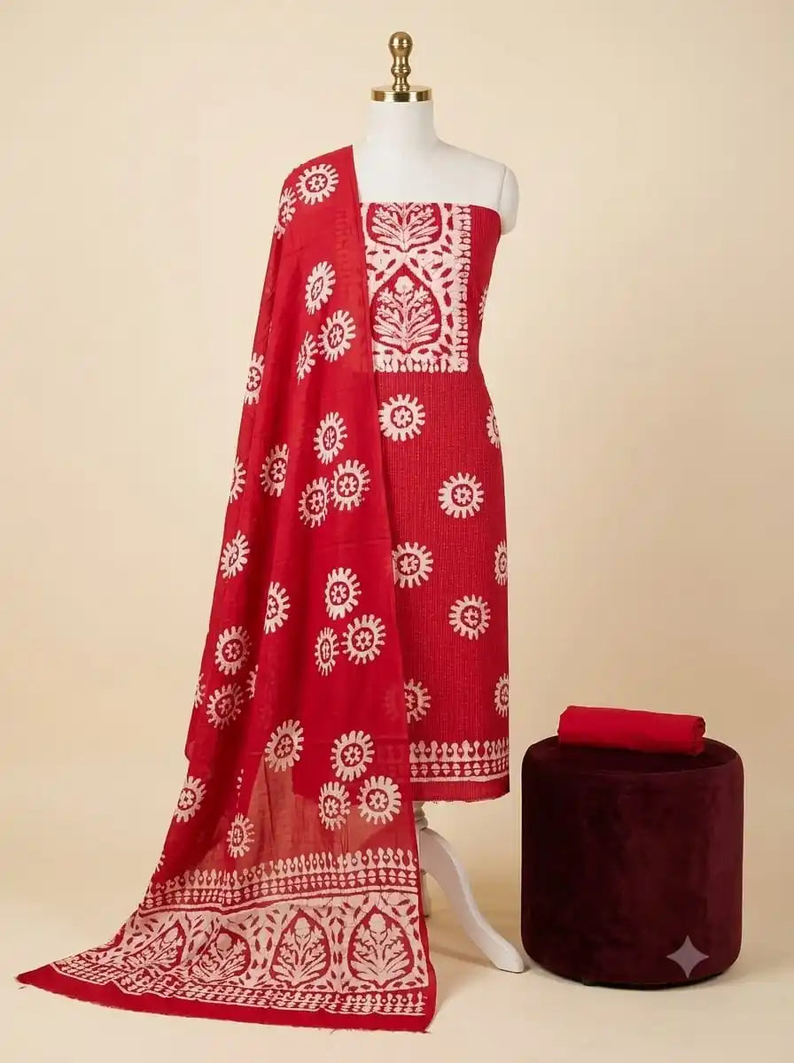 Red Batik Print Cotton Unstitched Suit By ASC