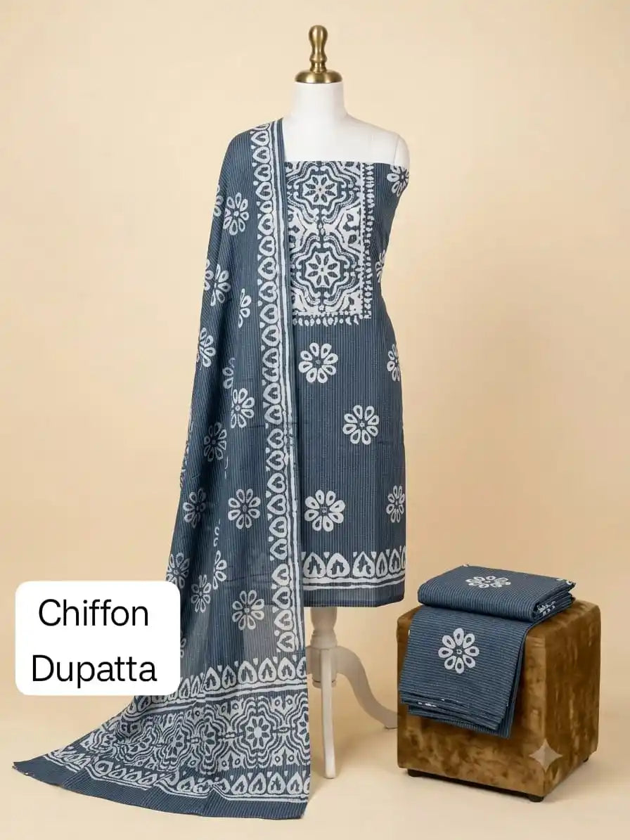 Blue Batik Cotton Unstitched Suit With Chiffon Dupatta By ASC