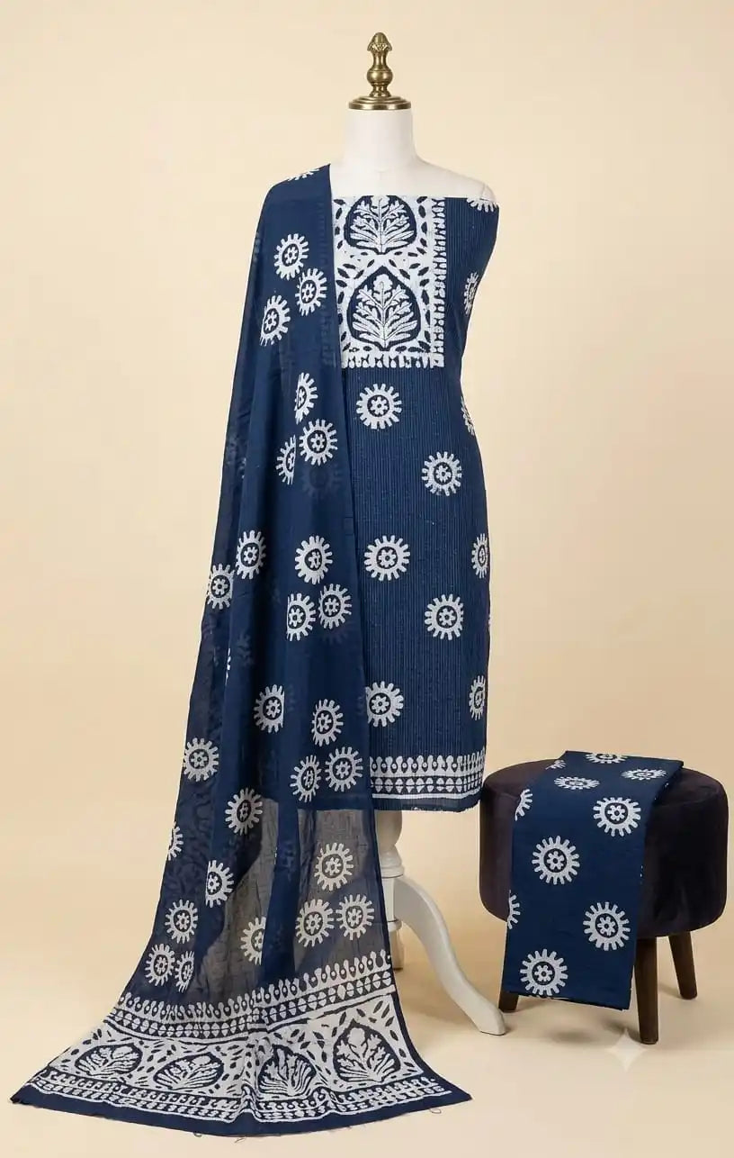 Royal Blue Batik Print Cotton Unstitched Suit By ASC