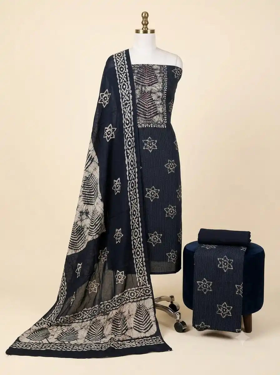 Navy Blue Geometric Batik Cotton Unstitched Suit By ASC