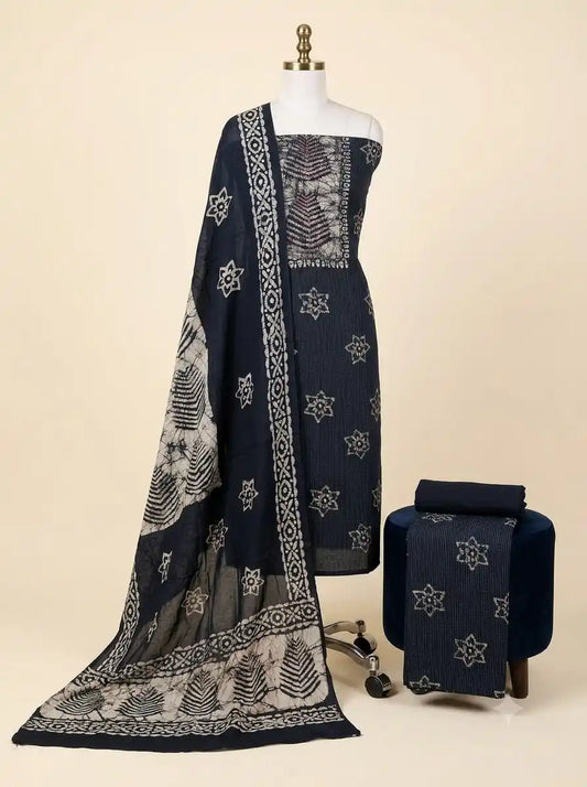 Navy Blue Geometric Batik Cotton Unstitched Suit By ASC