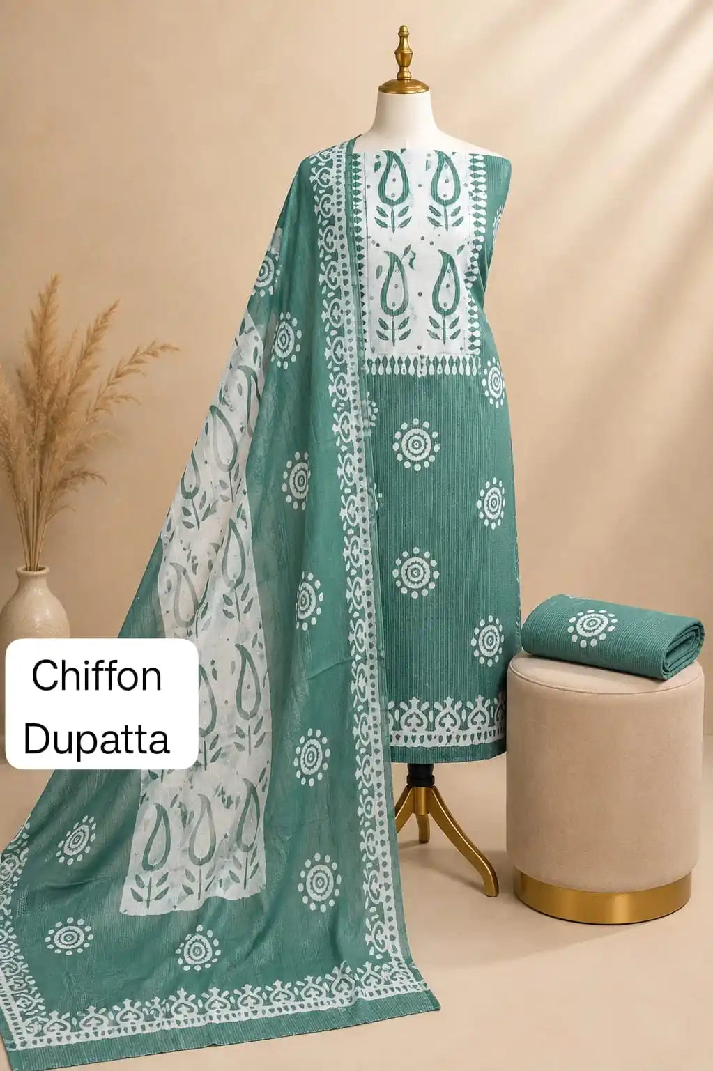 Sea Green Batik Cotton Unstitched Suit With Chiffon Dupatta By ASC