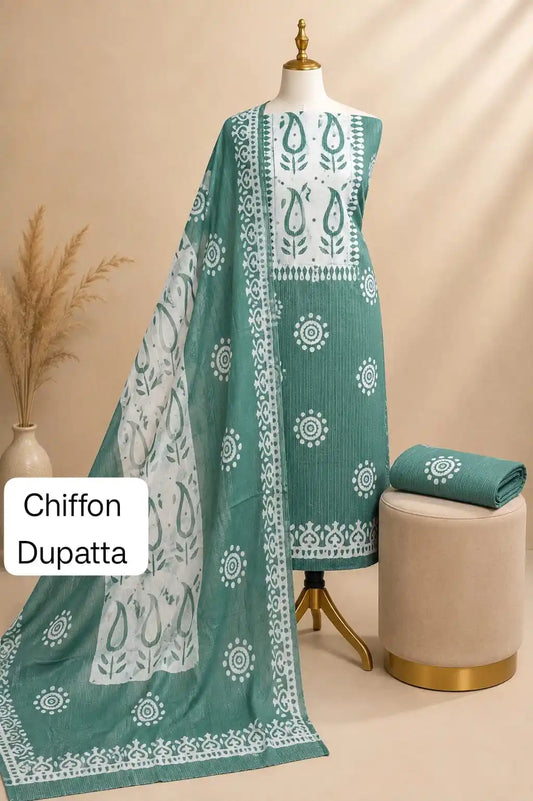 Sea Green Batik Cotton Unstitched Suit With Chiffon Dupatta By ASC