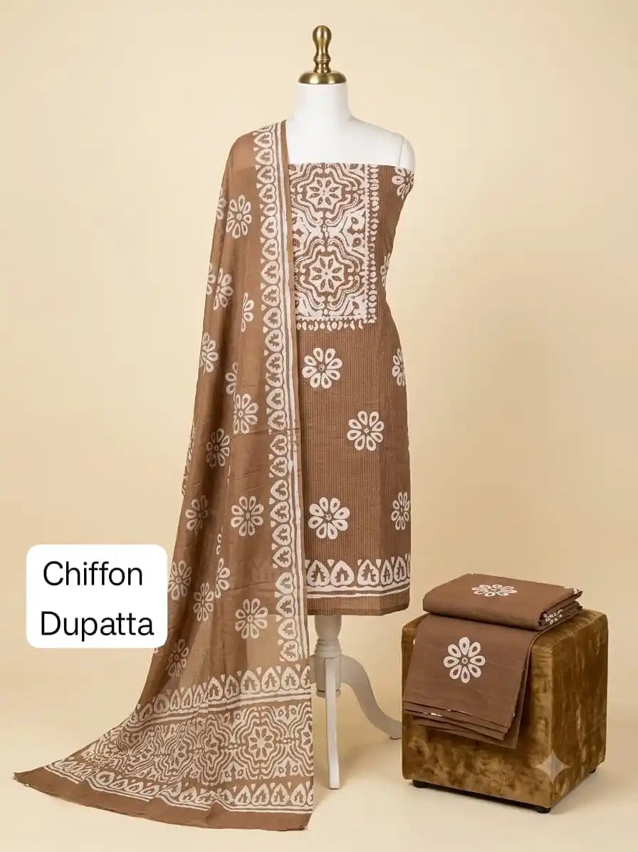 Brown Floral Batik Cotton Unstitched Suit with Chiffon Dupatta By ASC