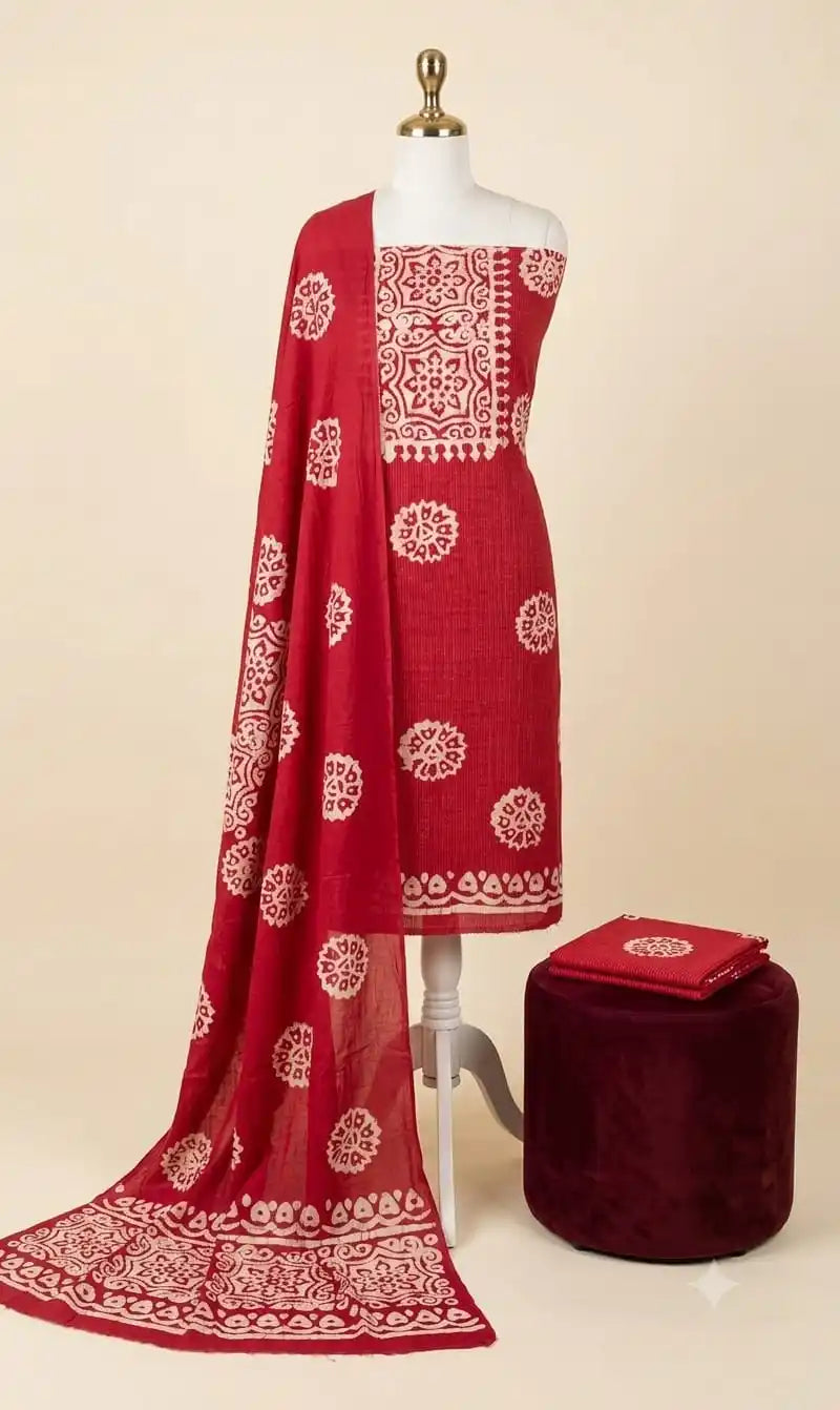 Crimson Red Batik Print Cotton Unstitched Suit By ASC