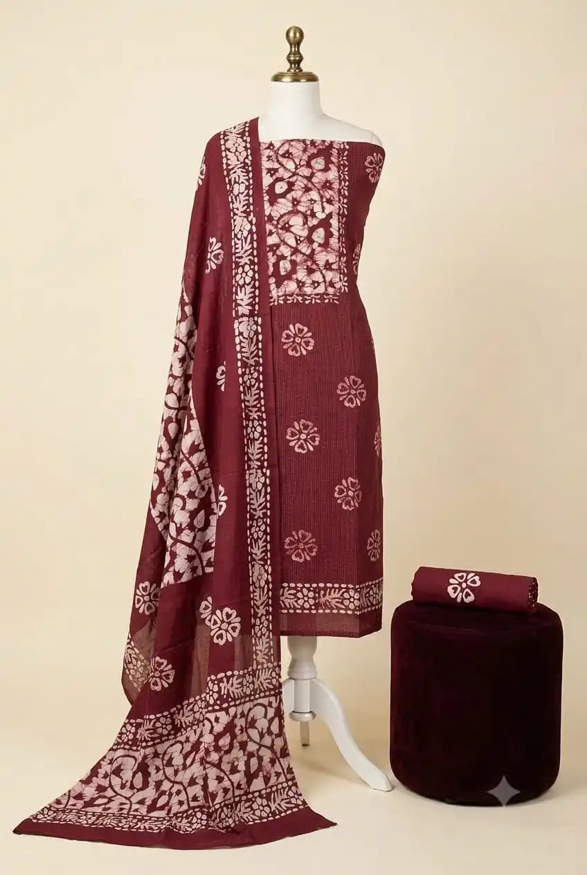 Wine Maroon Batik Cotton Unstitched Suit By ASC