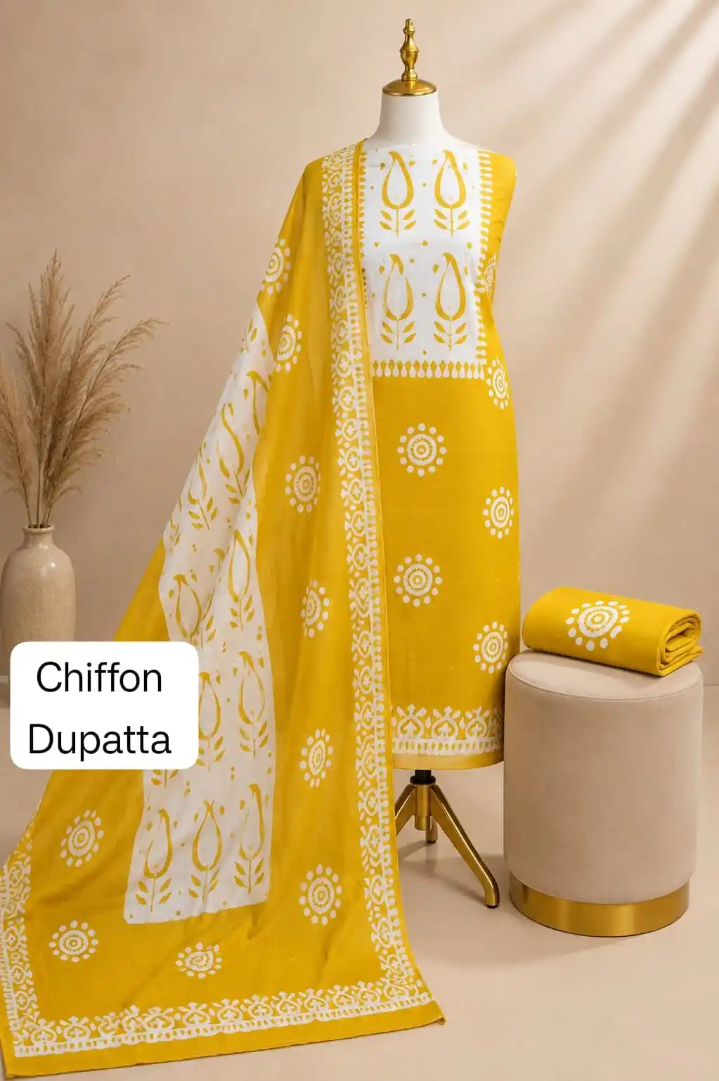 Bright Yellow Batik Cotton Unstitched Suit With Chiffon Dupatta By ASC