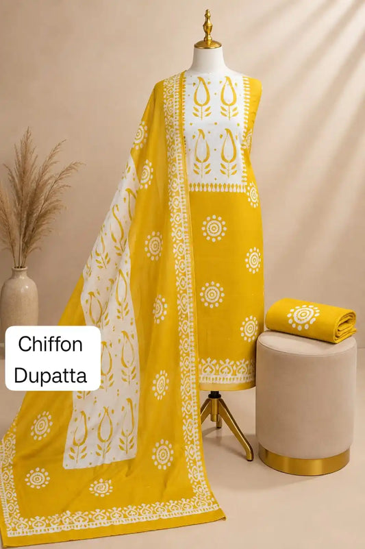 Bright Yellow Batik Cotton Unstitched Suit With Chiffon Dupatta By ASC