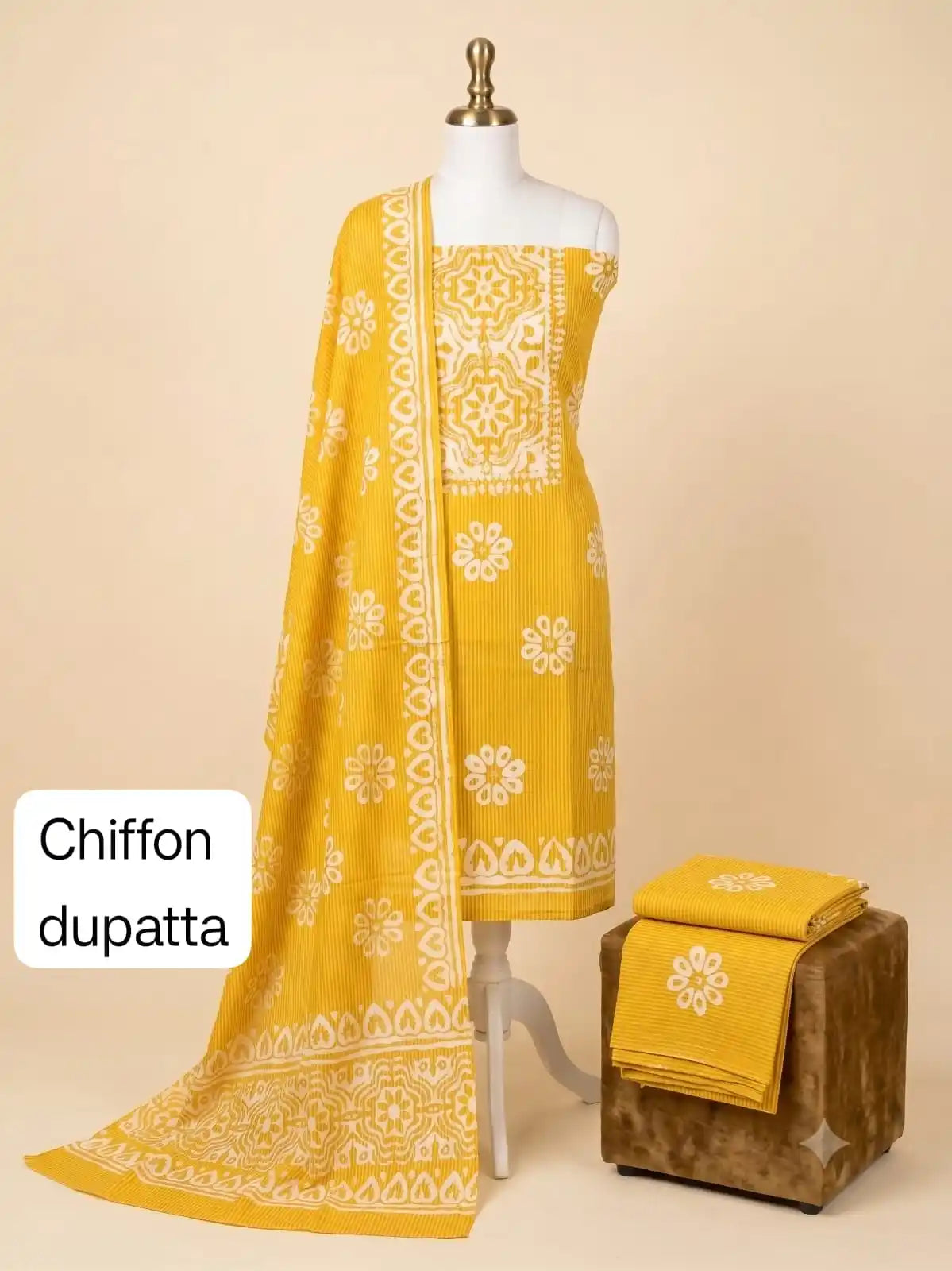 Yellow Floral Batik Cotton Unstitched Suit With Chiffon Dupatta By ASC