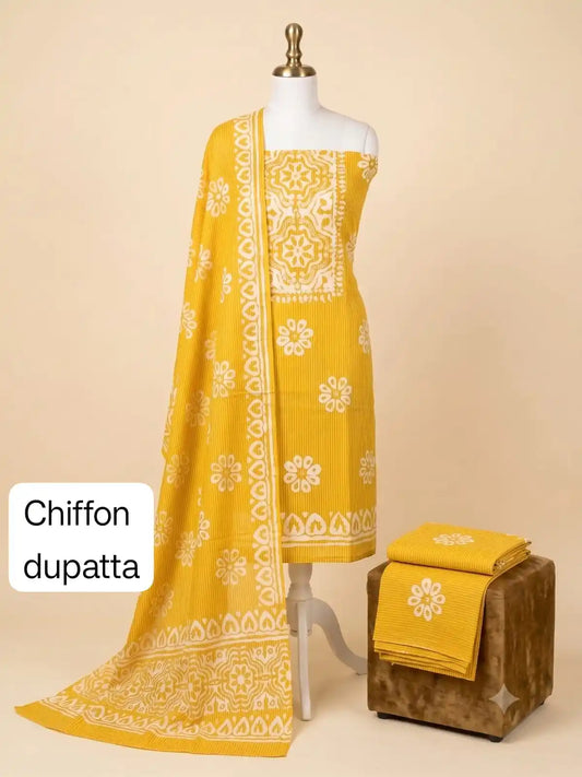 Yellow Floral Batik Cotton Unstitched Suit With Chiffon Dupatta By ASC