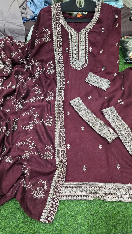MAL CHANDERI READYMADE SUIT WITH EMBROIDERED DUPATTA AND PLAZZO